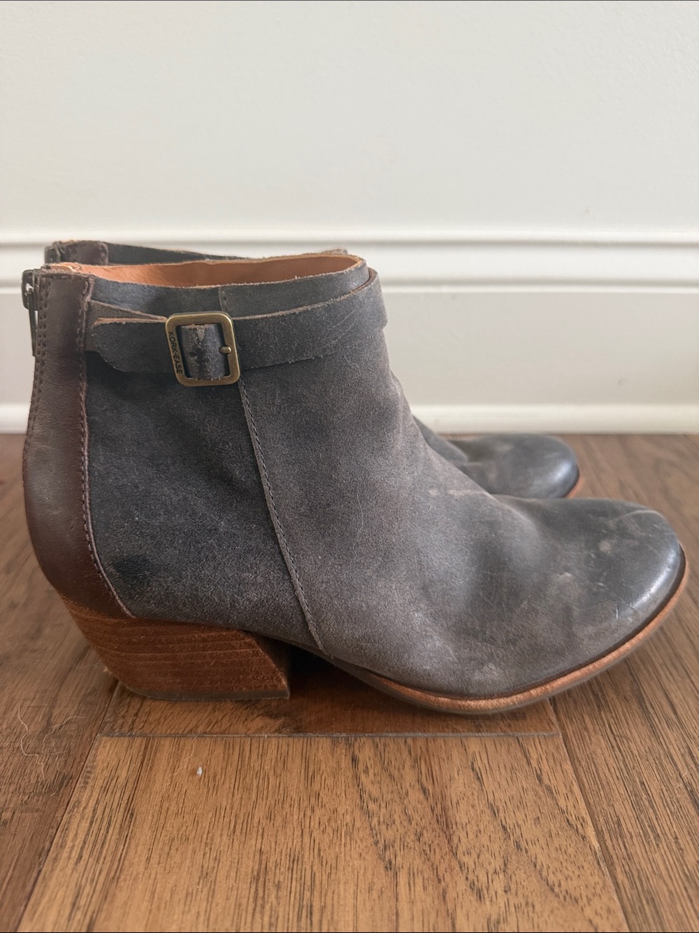 Kork-Ease Gray Suede Ankle Bootie with Buckle